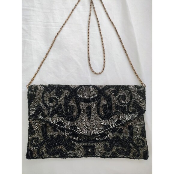 New Look Handbags - Black & Silver Hand Beaded Evening Clutch Bag Chain Strap Vintage Style